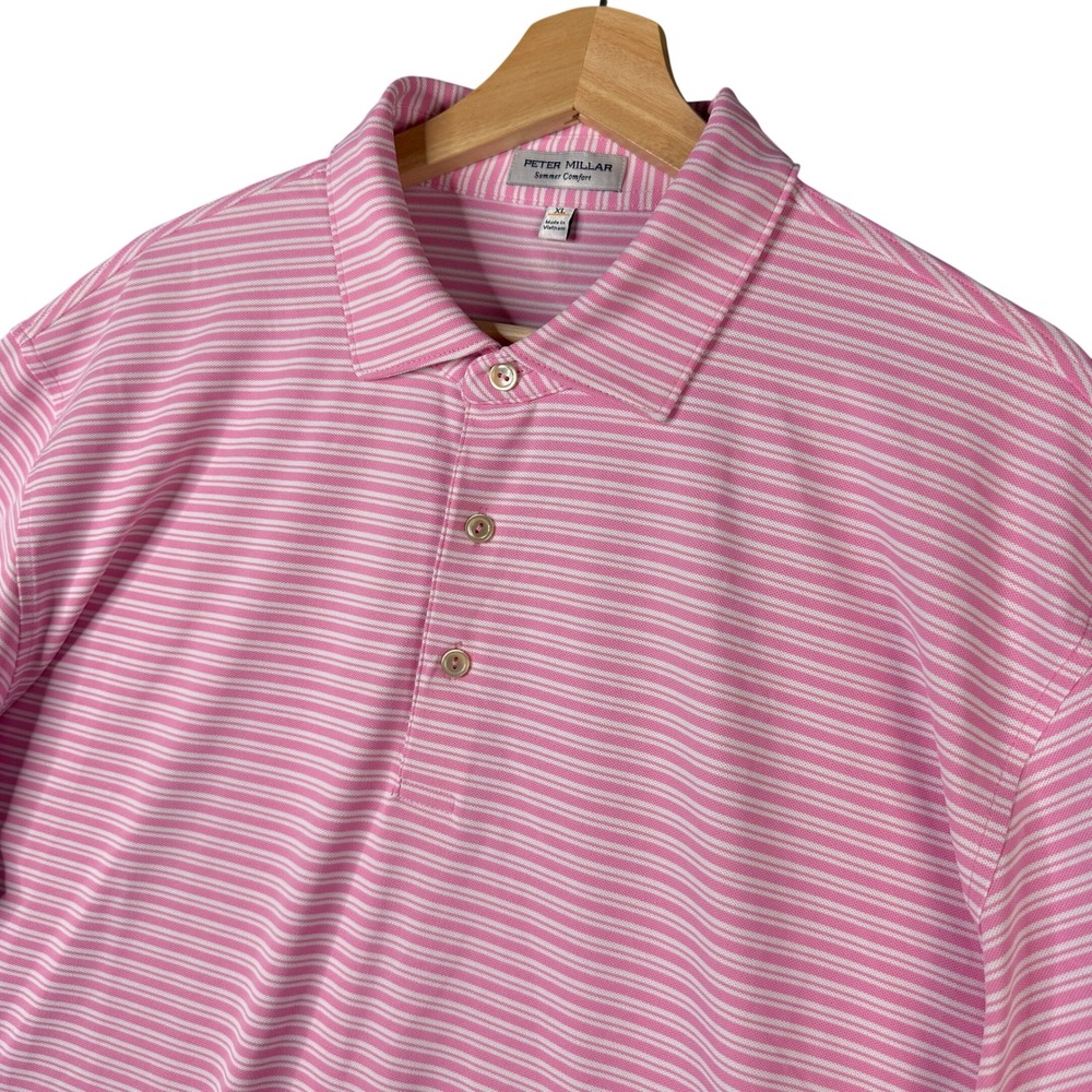 Peter Millar Summer Comfort Pink Striped Performance Golf Polo Shirt Mens XL